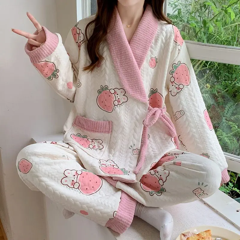 Pijamas de algodón para mujer, nuevo modelo de otoño e invierno, ropa de dormir cómoda, conjunto de pijama bonito de manga larga, traje para casa grueso de conejo