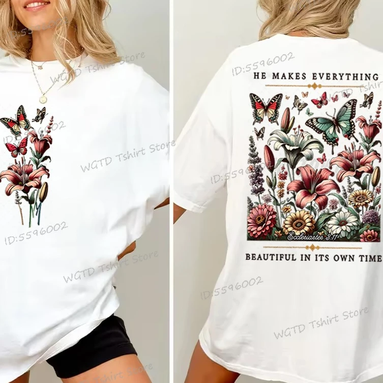 Christian Floral Vintage Boho T-shirt Women He Makes Everything Beautiful Graphic Tee Inspirational Retro Flower Religious Shirt