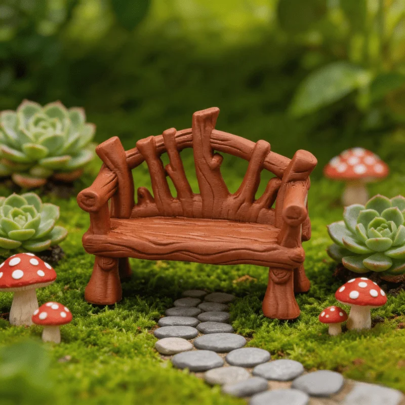 Mini Twig Bench Miniature Figurine, Resin Rustic Tree Branch Park Chair Ornament, Fairy Garden Micro Landscape Accessories