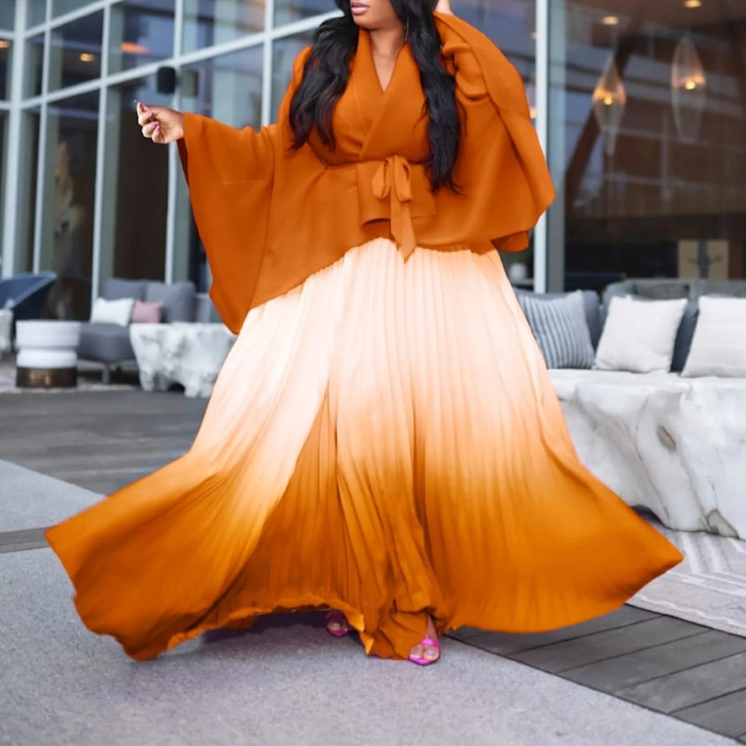 D3297 Pleated Irregular Tie Top Gradient Skirt Two-piece Set Dresses For Women Clothes Clothing Boho