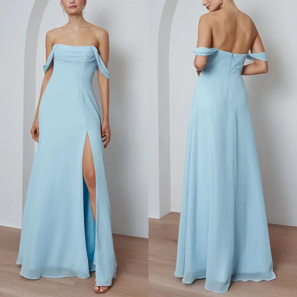 Maßgeschneiderte bodenlange, schulterfreie, blaue, rückenfreie Brautjungfernkleider, Quinceañera-Kleider, Hochzeitskleid Damen فستان