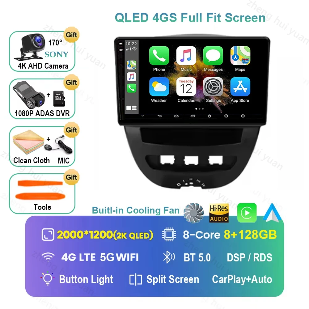 Voor Peugeot 107 Toyota Aygo Citroen C1 2005-2014 Android 16 Carplay & Auto Autoradio Navigatie Multimedia Stereo Speler BT QLED