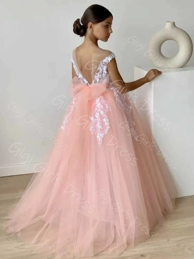 Vestido de fiesta personalizado para niñas, vestido de niña de flores con apliques de encaje blanco y lazo sin mangas, vestido de primera comunión para cumpleaños y boda