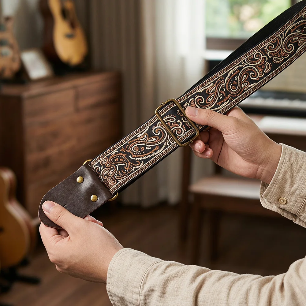 Verstellbare Gitarrengurte mit Stickerei-Druck, Verdickter Gitarrengurt für Folk-, E-Gitarren, Bässe und Ukulelen – Detail 10