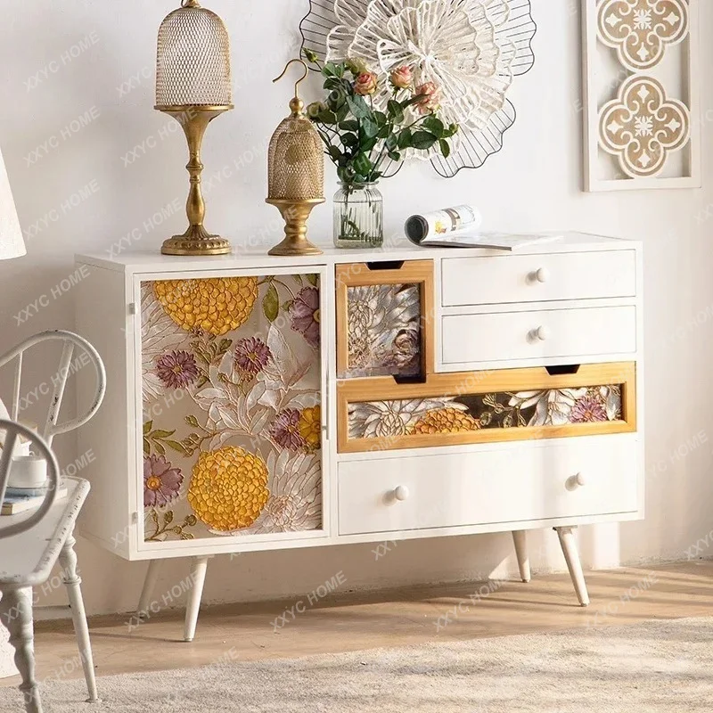 L cream style chest of drawers solid wood retro glass painted white wrought iron cabinet