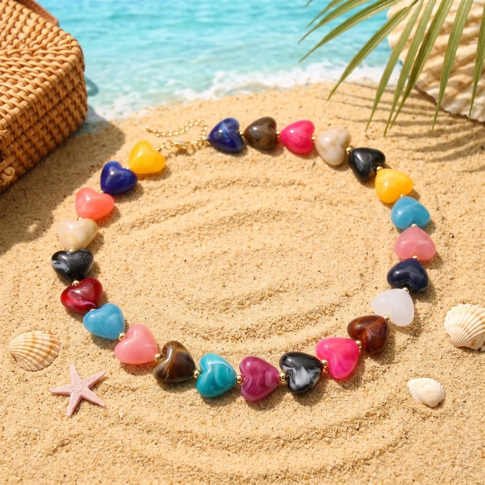Summer Bohemian Heart Beaded Choker Necklace for Women Rainbow Acrylic Resin Handmade Beaded Short Chain Collar Jewelry Gift