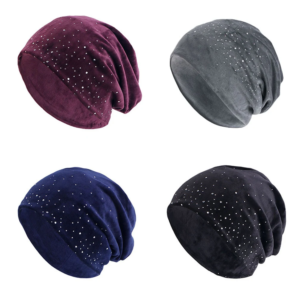 RIMAIRE Muslim Fashionable Pure Color Plush Hat Hijab with Diamonds Decoration Islam Hijabs for Women Soft and Comfortable Hijab