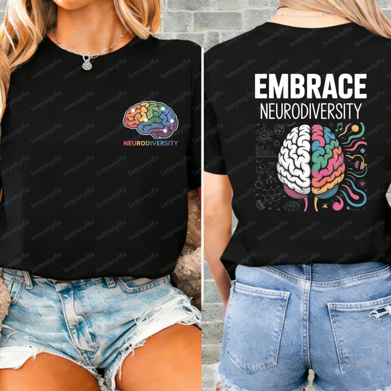Neurodiversity Brain Rainbow Design Unisex Cotton T-Shirt Casual Summer Wear for Men Women Autism Awareness Fashion O-neck Tops