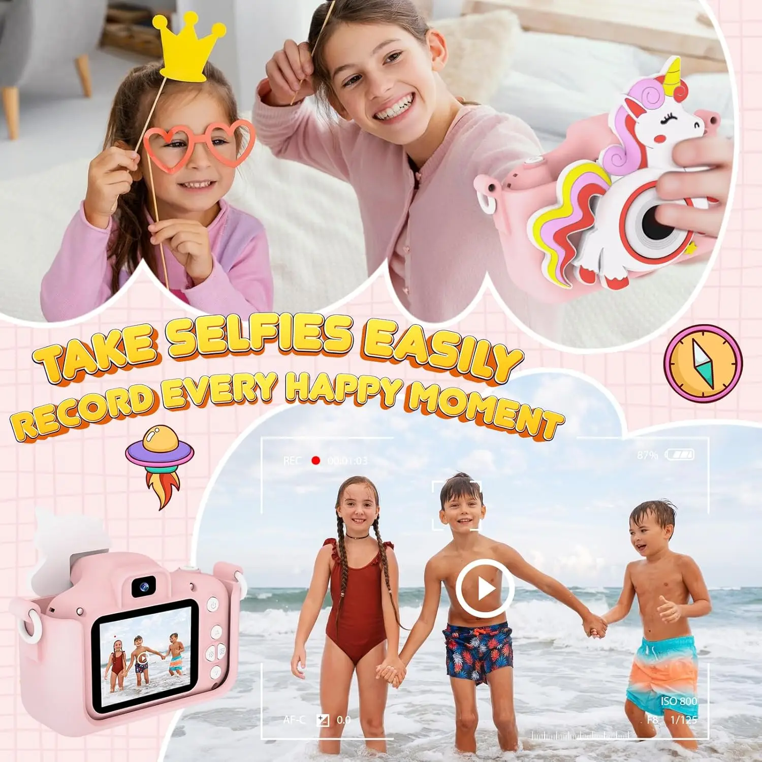 Kamera anak-anak, kamera mainan Unicorn dengan Selfie 1080P Video HD, hadiah ulang tahun Natal untuk anak perempuan