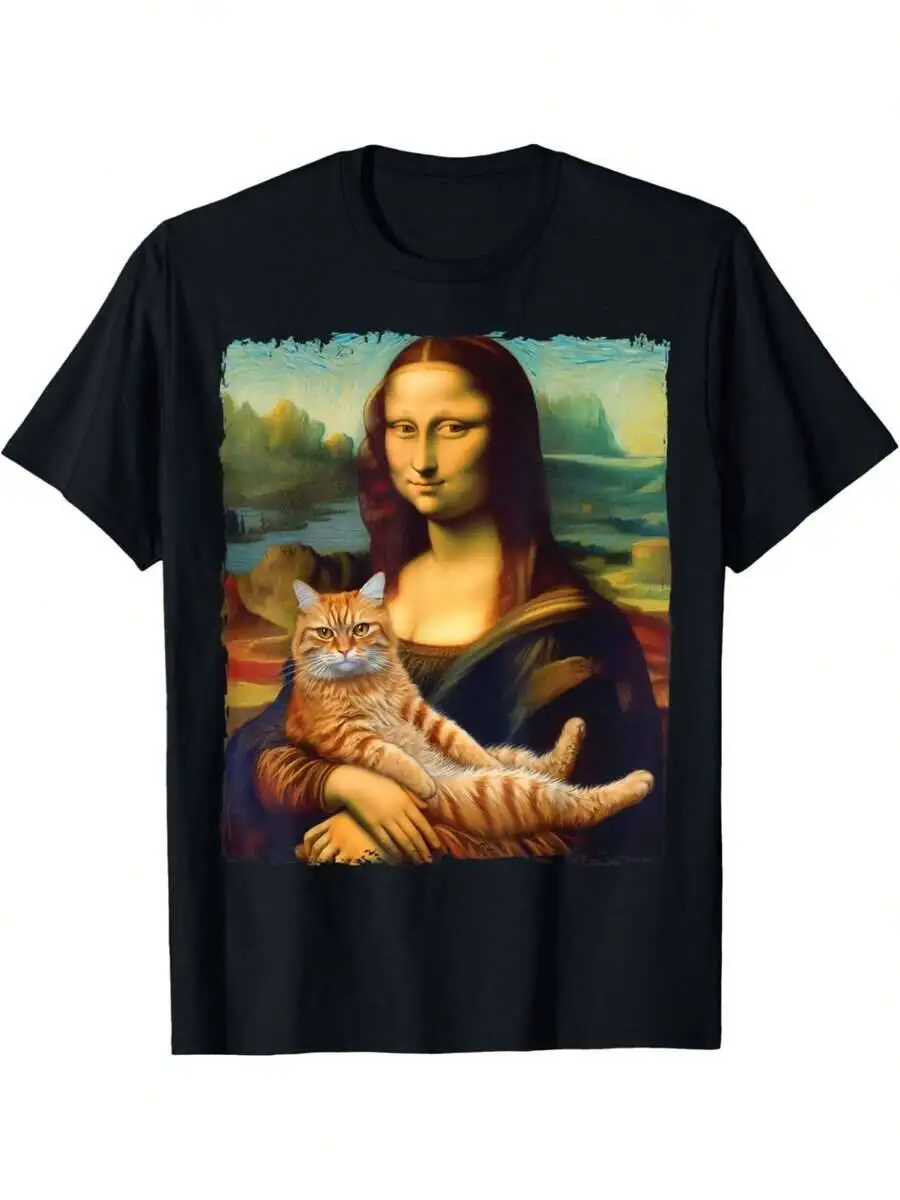 Mona Lisa Holding Kitty For Cats Lover Dad Cat Mom T-Shirt  100% Cotton Trendy Y2K Short-Sleeve Tee-Soft, Quick-Drying, Moisture-Wicking, Great Gift for Christmas or Halloween.