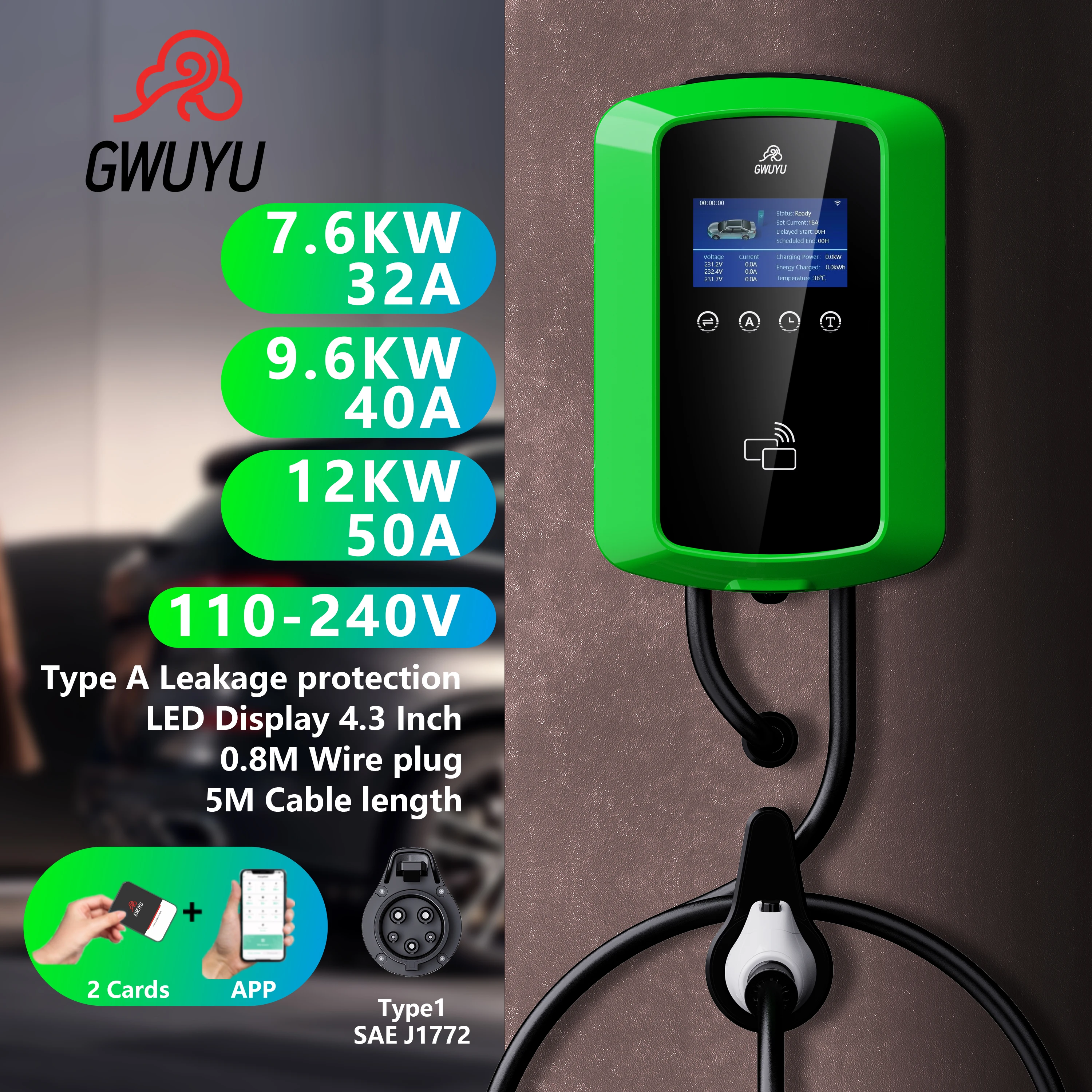 EV Charging Station GWUYU JZ22-1 J1772 Type1 7KW 9.6KW 12KW 32A 40A 50A 240V Adjustable Current 5m APP Control Wallbox Charger