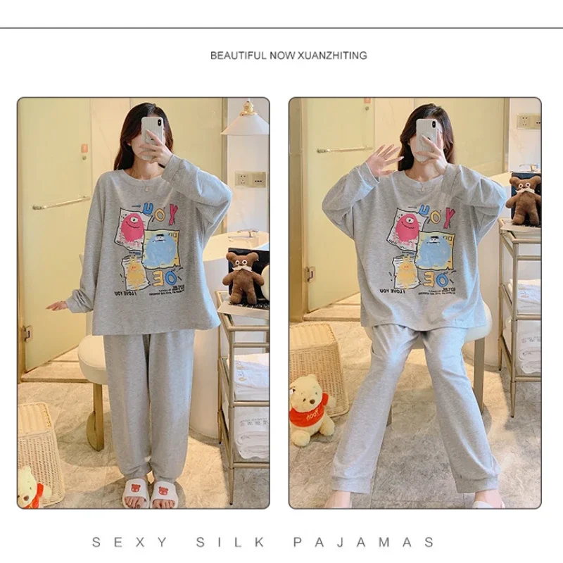 5XL Plus Size Women Pajamas Suit Autumn Spring Models Long-Sleeved Homewear Large Size Loose Cartoon Loungewear Kawaii Nightwear