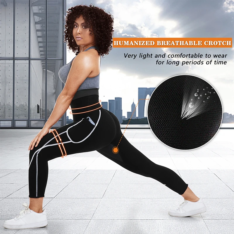 Sauna Sweat Pants for Women High Waist Compression Slimming Leggings Sauna Sweat Capris Pants with Pocket view 3