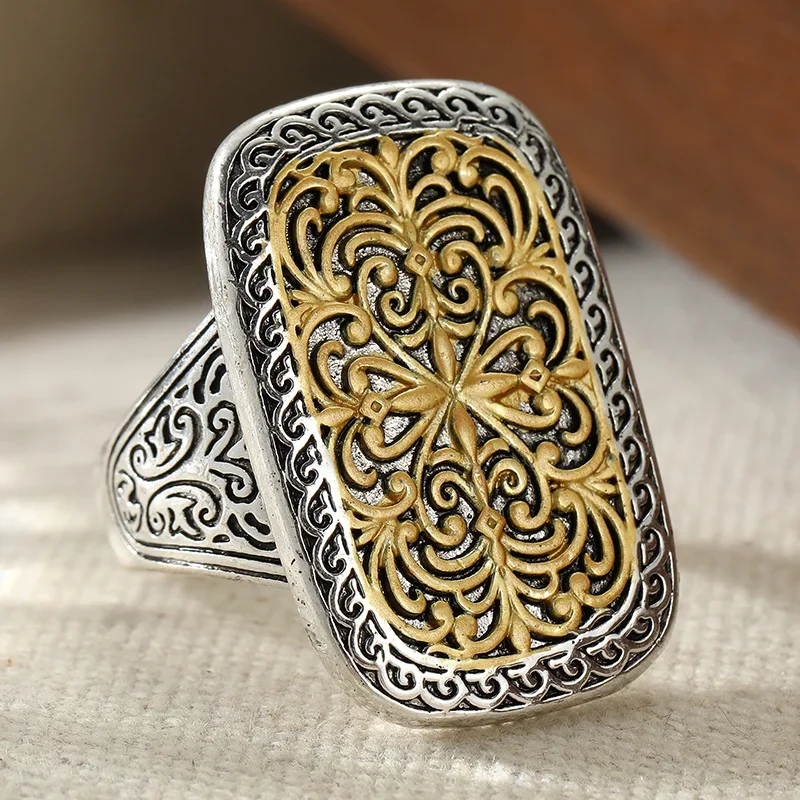 Women's Square Carved Wide Ring Two Tone Design and Vintage Rolled Grass Pattern Ring Ethnic Style Leisure Jewelry