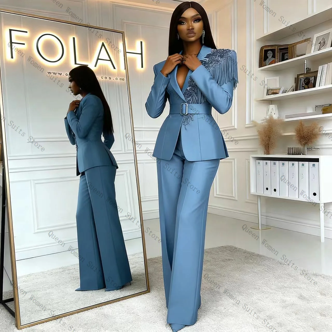 Tassel Blue Women Suit Pants Set 2 Pcs Blazer+Trousers Crystals Cotton Prom Formal Office Lady Jacket Wedding Coat Customized