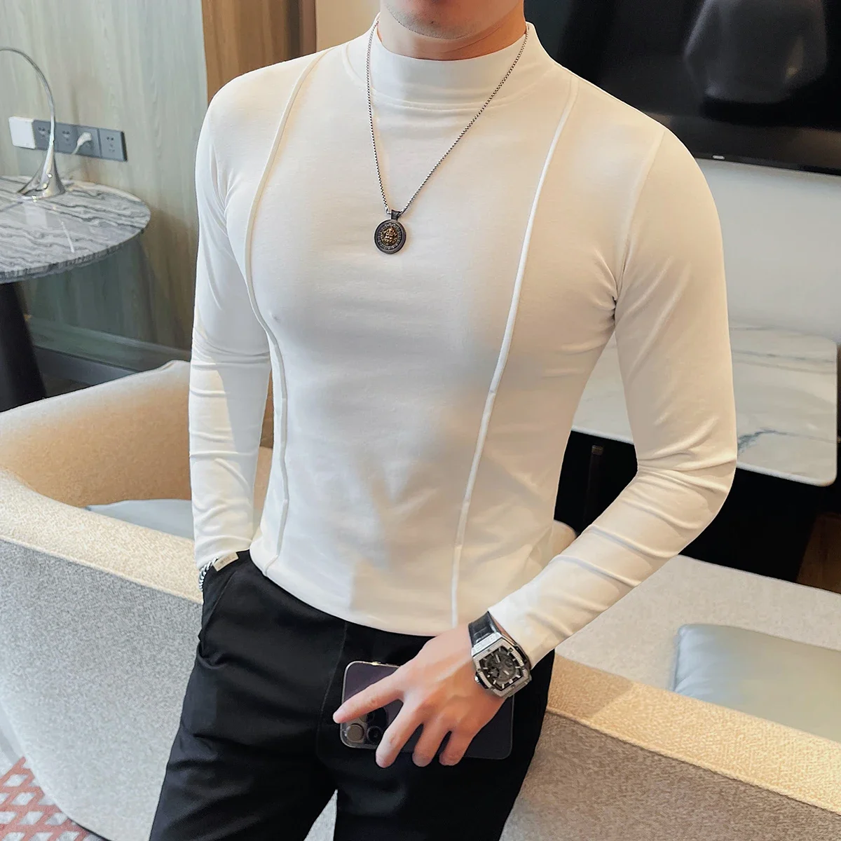 Line Decoration Semi-Turtleneck Long-sleeved T Shirt Men\'s Spring Autumn Solid Color Fashion Slim Fit T-Shirt Men Clothing 4XL-M