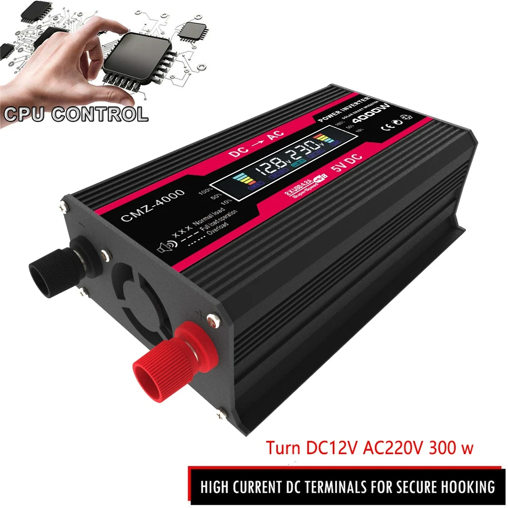 4000W Peak Solar Car Power Inverter DC 12V to AC 220V Car Adapter Converter with LCD Intelligent Display AC Outlets