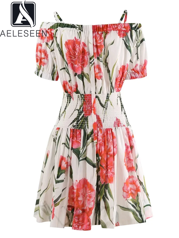 

AELESEEN Designer Fashion 100% Cotton Dress Women Simmer Off The Shoulder Slash Neck Pink Flower Print Waist Elastic Mini Party