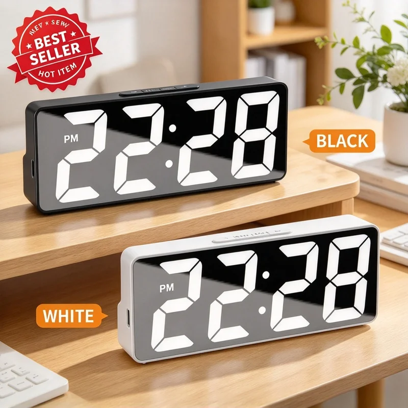 LED Digital Alarm Clock, Temperature Display Adjustable Brightness 12/24H Desktop Bedroom Electronic Clock
