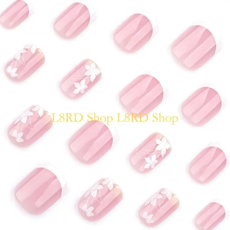 L8RD 글로시 플로랄 프렌치 팁 사각 인조 네일 세트 네일 액세서리에 스틱 24개