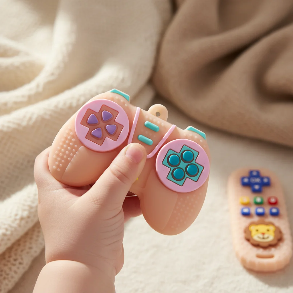 2Pcs Game Controller & Lion Remote Teething Toys Food Grade Silicone Infant Sensory Chew Toy 0M+