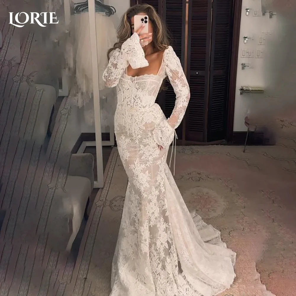 

LORIE Lace Mermaid Wedding Dresses Long Sleeve Square Neck Bride Gown Appliques Bride Bridal Dress vestidos de novia Customized