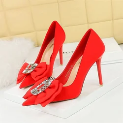 Silk Satin Women Shallow Mouth Pointed Toe Pumps Bow High Heels Rhinestone Decoration Stilettos Red Wedding Single Shoes