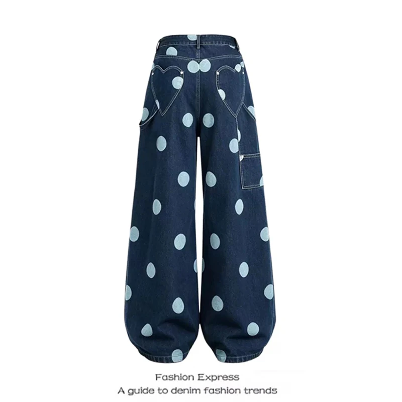ZHIZOU Women Blue Gothic Y2k Cargo Jeans Vintage 2000s Hiphop Grunge American Style Dot Jeans Pants Baggy Wide Leg Denim Pants
