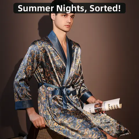 High Quality Nightrobes Men Summer Thin Bathrobe Large Size Ice Silk Printed Pajamas One-piece Robe Male Loungewear Gents Spring