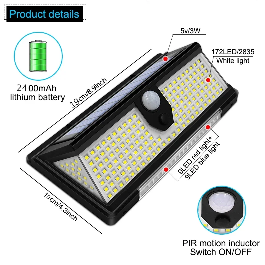 Outdoor Solar Lamp with Motion Detector 4 Modes Waterproof 190Led Solar Light for Courtyard
