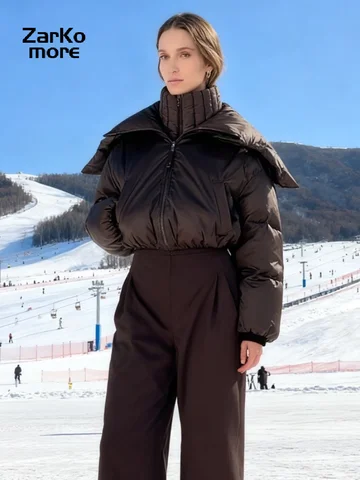 Fashion Hooded One-Piece Ski Jumpsuit Women Stand Collar Zipper High Waist Solid Windproof Outwear 2025 Winter Lady Skiwear New