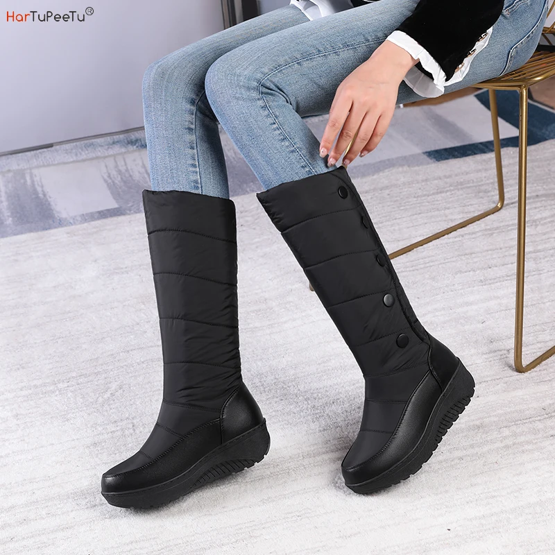 Wedges Snow Boots Women\'s Platform Winter Waterproof Boots 2024 Warm Down Patchwork Leather Fluffy Plush Inside Shoes