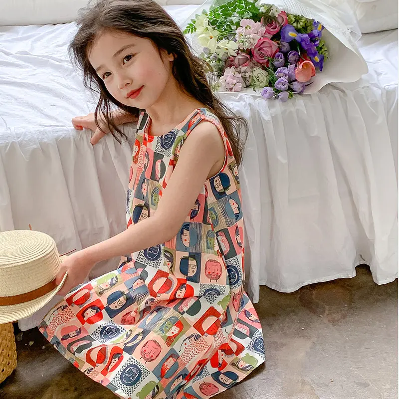 Girls' Skirt Character Abstract Dress Princess Dress Tank Dress25Summer New Foreign Trade Children's Wear Delivery