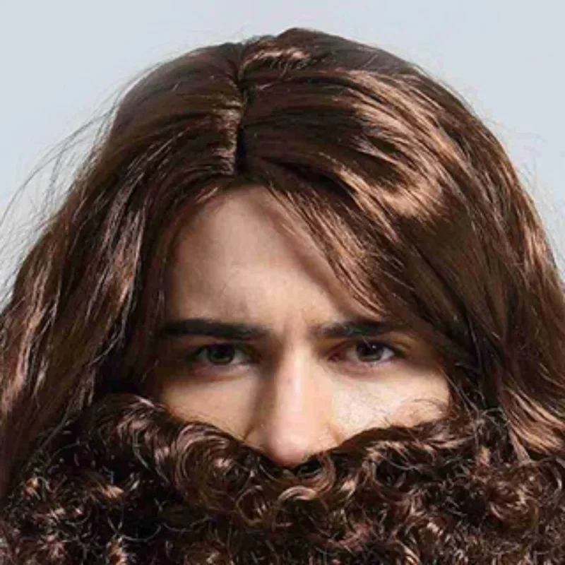 New High Quality Jesus Wig Set Halloween Cosplay Costumes Short Brown Wizard Beard Party Stage Performance Set