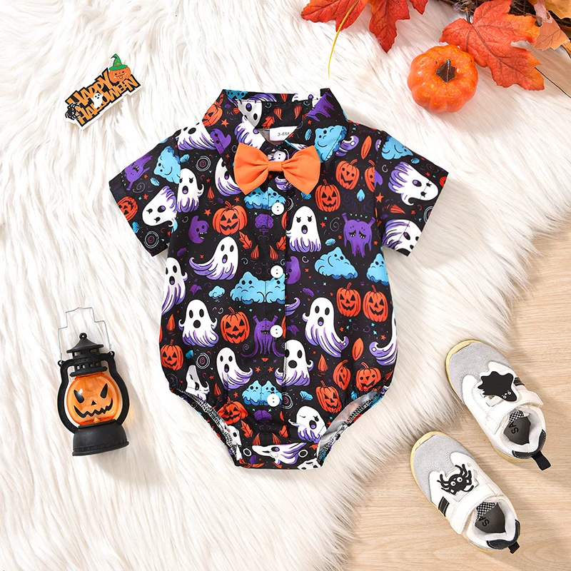 

Baby Boy Halloween Romper Pumpkin&Ghost Print Turn Down Collar Short Sleeve Gentleman Jumpsuit