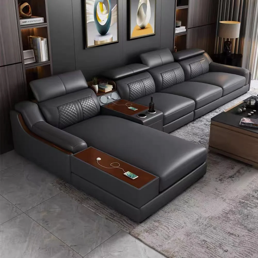 Multi-functional modern l shaped sofa set living room furniture simple design Italian sofa high quality living room leather sofa