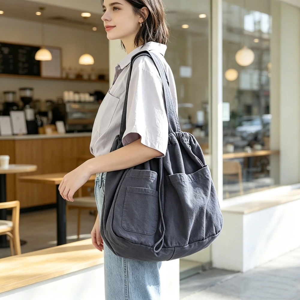 Simple Drawstring Canvas Bag with Pocket Unisex Travel Camping Crossbody Tote Bags High Capacity Cotton Single Shoulder Bag