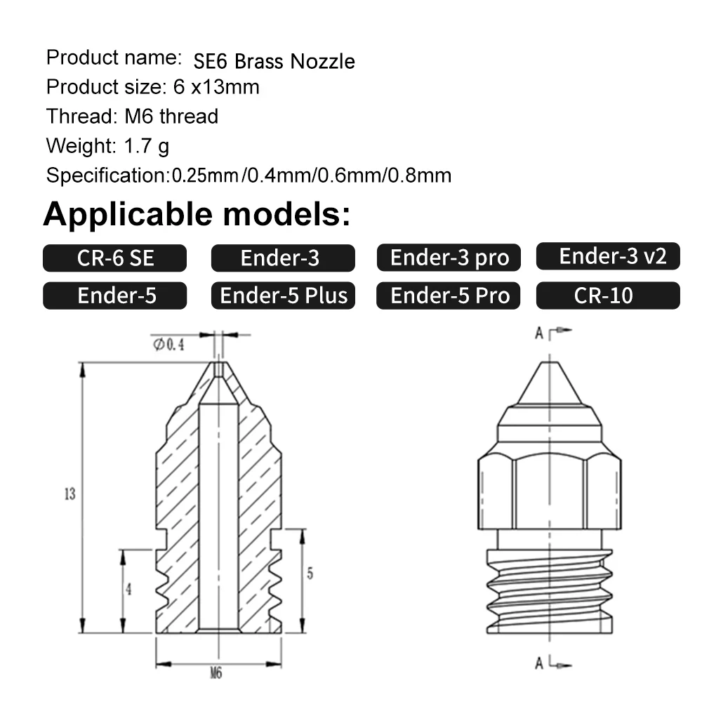 MK8 Nozzle CR-6 SE Hard Steel Brass Copper Plated Nozzles 3D Printer Parts for CR6 SE CR5 PRO Ender 3 S1 pro CR10 V2 Ender5