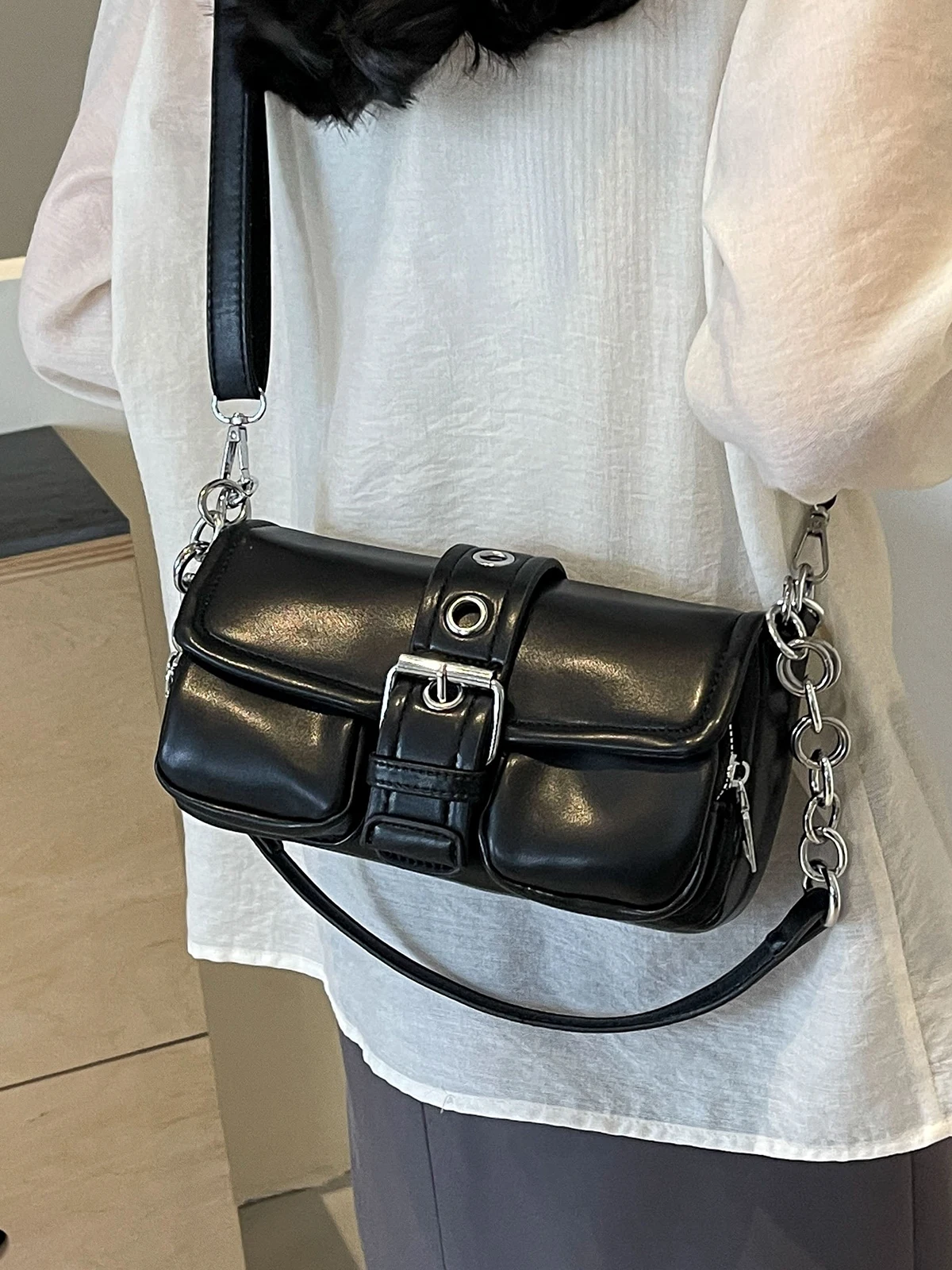 Chic Women\'s Chain Shoulder Bags 2024 Spring New Flap Hasp PU Zip Pockets Crossbody Bag Korean Style Ladies Solid Underarm Pack