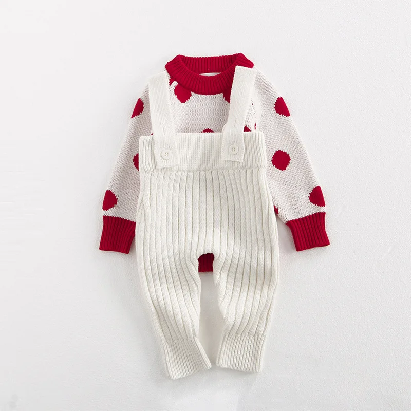 MiniAinis Autumn Winter Baby Knitted Polka Dot Pullover Sweater Overalls Girls Red Beige Tops Pants Clothing Set Girl Clothes