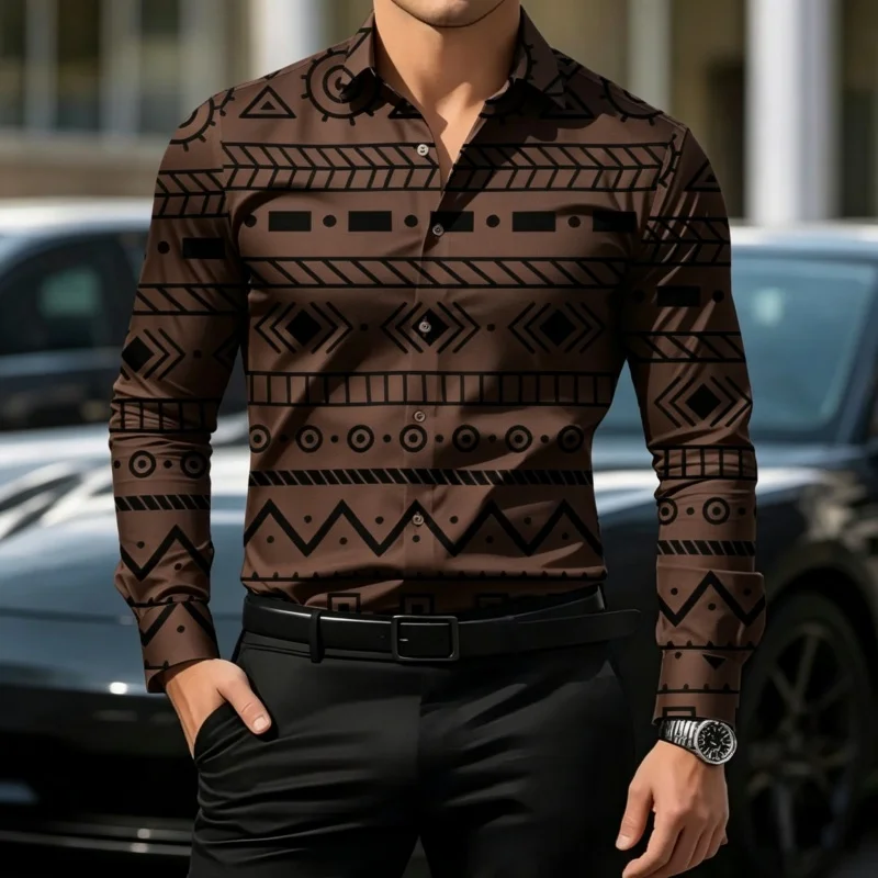 Men's Aztec Geometric Print Long Sleeve Dress Shirt Slim Fit Casual Button Up Business Party Streetwear Tops Blouse