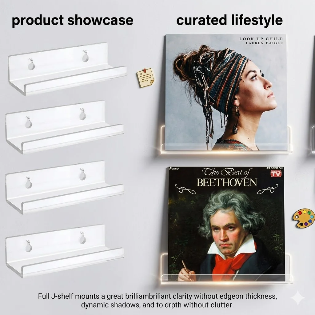 2pcs Acrylic Record Display Stand Shelf Clear Wall Mounted Vinyl Record Holder Floating Shelves LP Record Album Storage Rack