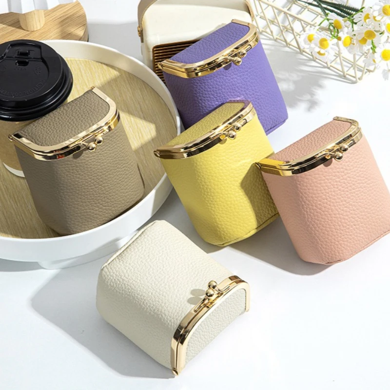 Vertical Square Brand Kiss Lock Genuine Leather Purse for Women Jewelry Lipstick Cards Change Wallet Cosmetic Bag with Mirror