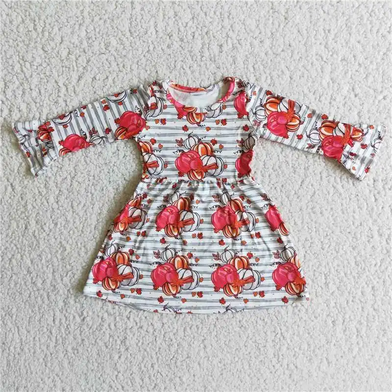 8.09 Wholesale Girls Autumn And Winter Long-Sleeved Halloween Dress With Bright Colors And Multi-Element Pattern Pumpkin Ruffle