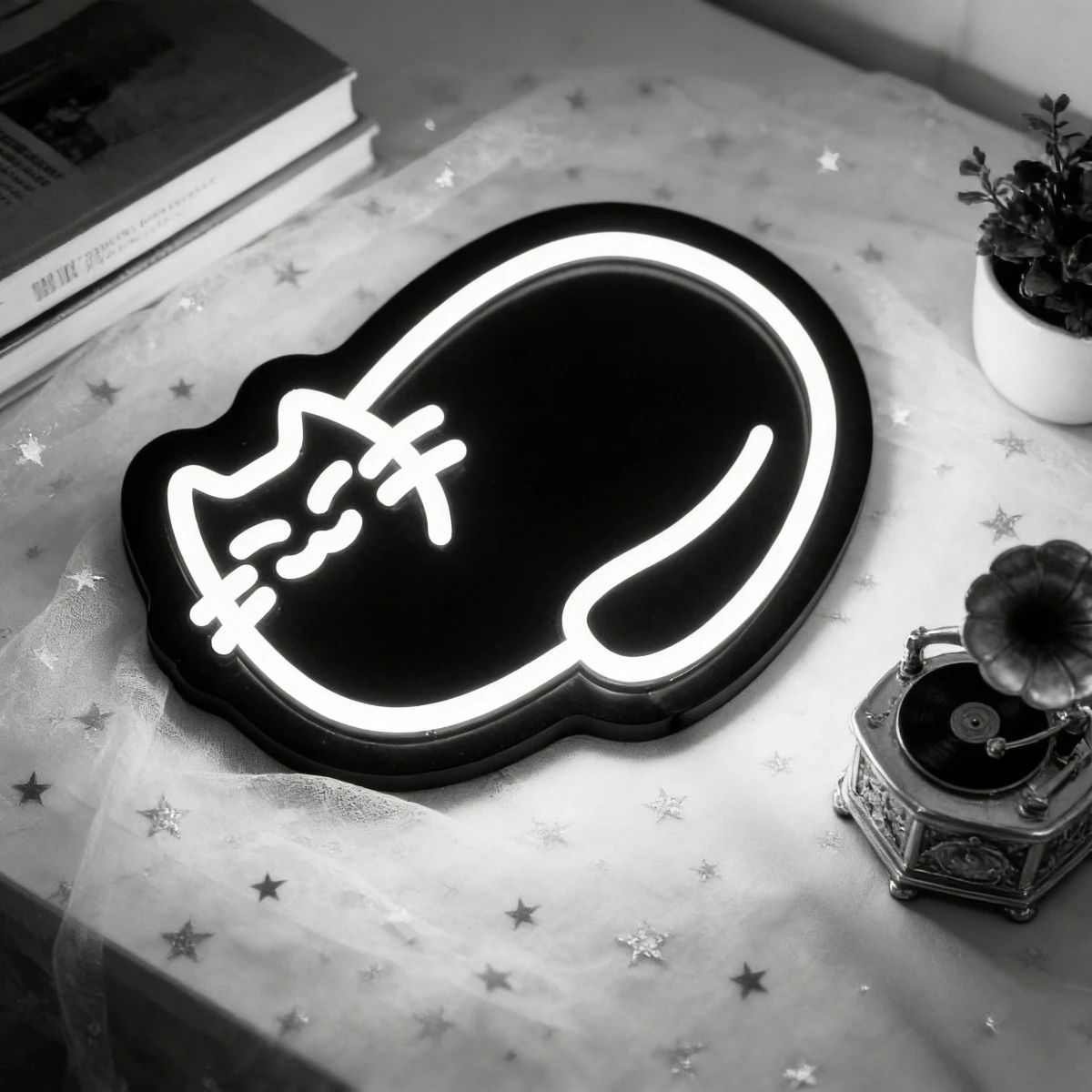 Black Sleeping Cat Neon Sign White Line Dimmable USB Vanity Wall Light for Cat Cafe Minimalist Apartment Home Party Decor Gift