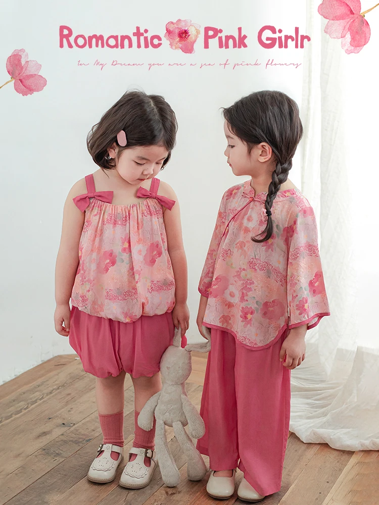 Girls' Flower 2024 Summer Chinese Slanted Front Shirt Loose Wide Straight Pants Multi Piece Set