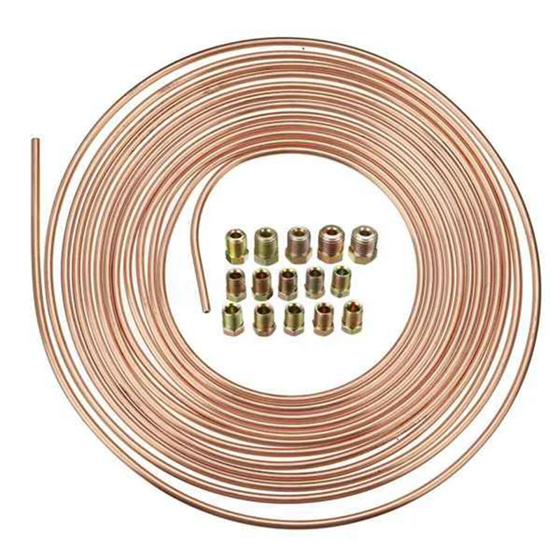 25Ft 7.62M Roll Tube Coil Of 3/16Inch OD Copper Brake Pipe Hose Line Piping Joint Union With 15Pcsnuts Fittings