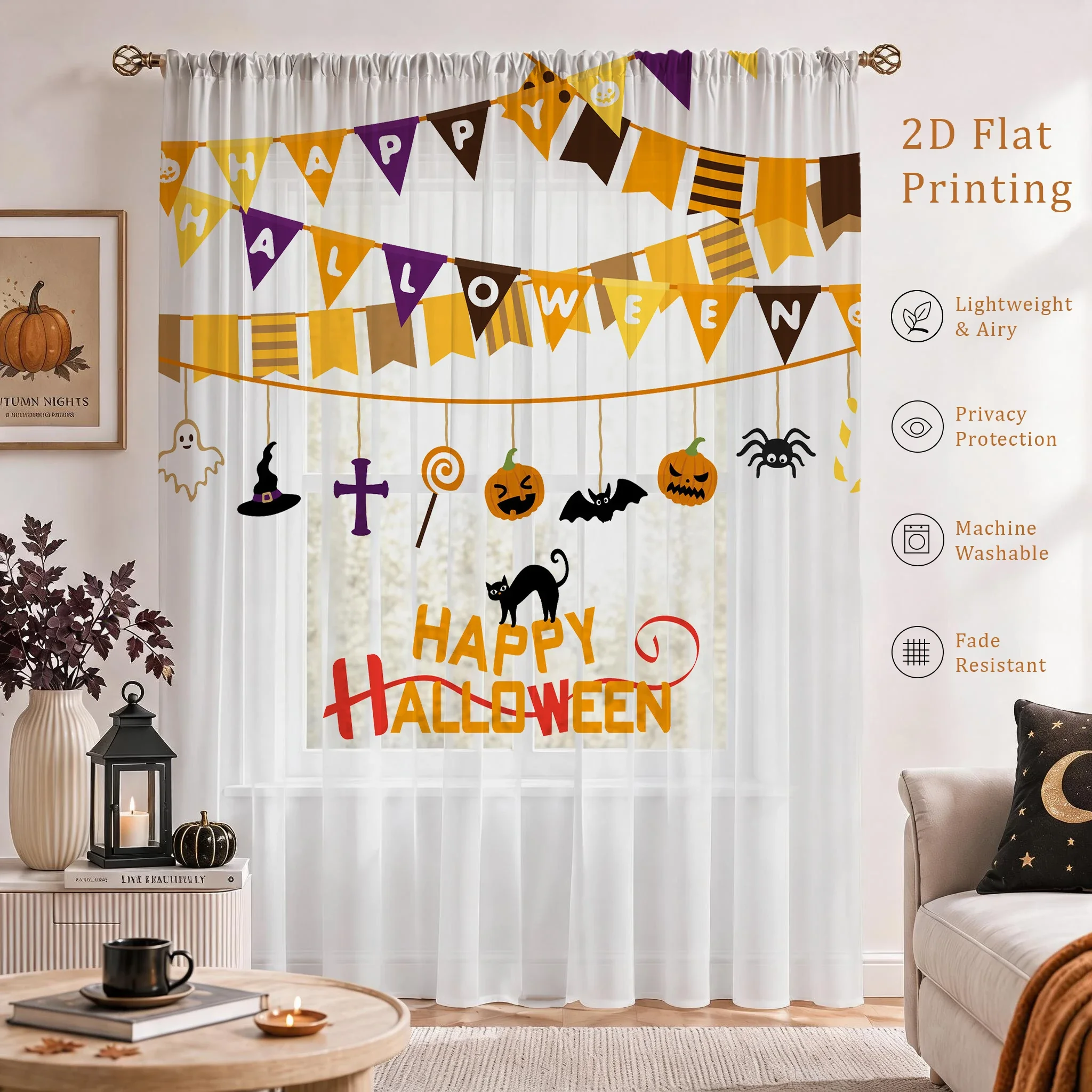 Halloween Festival Sheer Curtain, Good Quality Light Reducing Privacy Voile For Living/Bedroom/Kids Room,Halloween Festival Gift - view 4