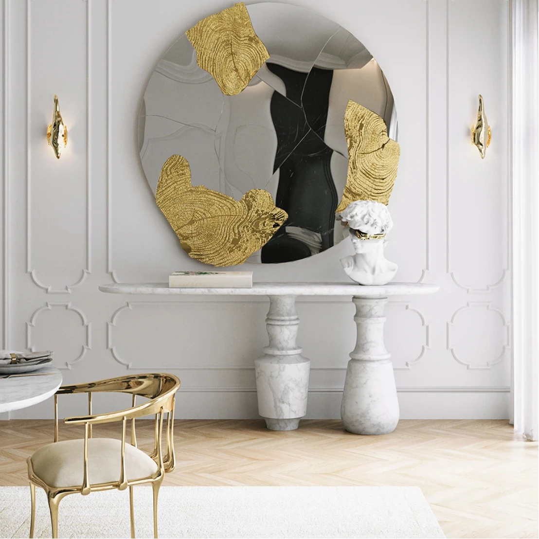 Luxury Entrance Mirror Modern Designer Carved Aluminum Plate Stainless Steel Frame Decorative Wall Mirror Suitable For Villa Lux