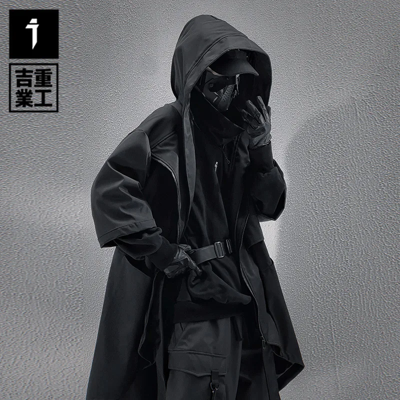 2024 New Arrival Irregular Design Tactical Function Trench Coat Mens Clothing Y2K High Street Mid-length Techwear Outerwear